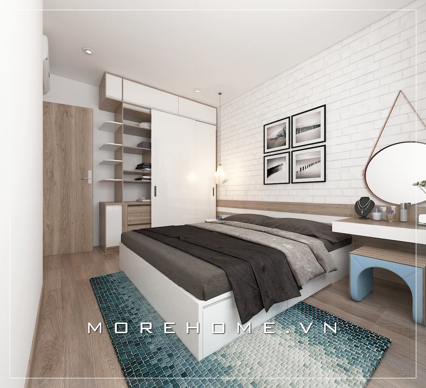 Nội thất phòng ngủ màu trắng đơn giản, chiếc ga giường màu tối ấn tượng, sàn gỗ, cửa gỗ...đem đến một cảm giác thư giãn và thoải mái cho căn phòng này